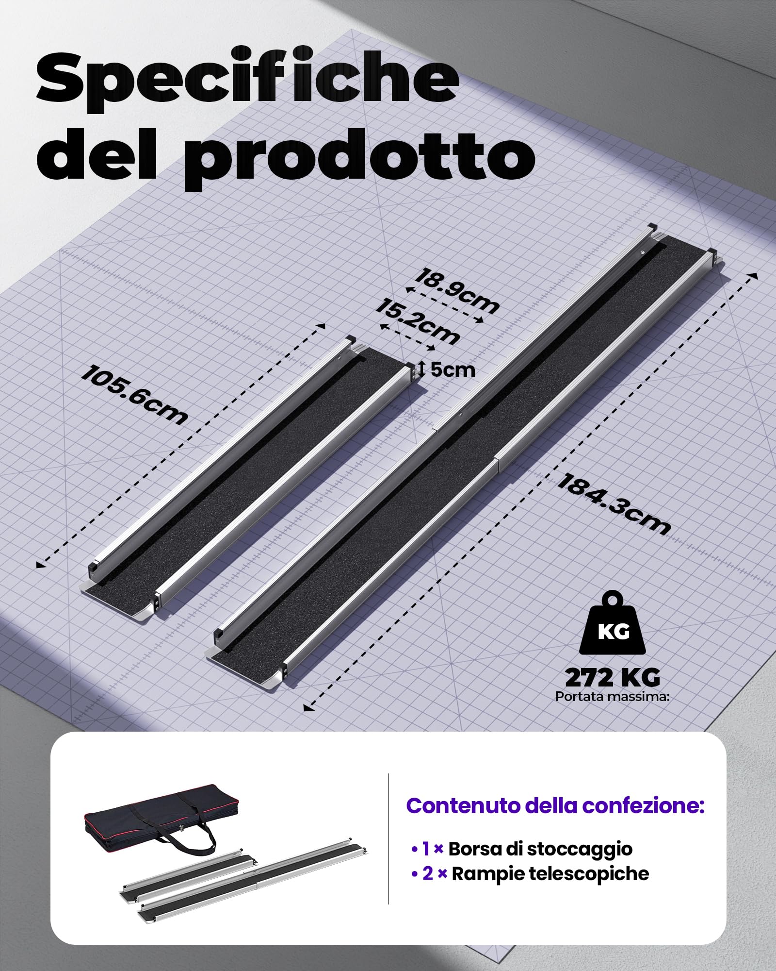 FACHNUO Rampa a Telescopio per Carrozzine 184 cm con borsa da riporre - Rampa per scooter in alluminio (carico 272 kg), design pieghevole leggero per marciapiedi/veicoli/soglie, Confezione da 2