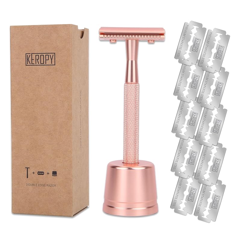Barbeador de segurança de dois gumes Keropy com suporte e 10 lâminas Rose gold