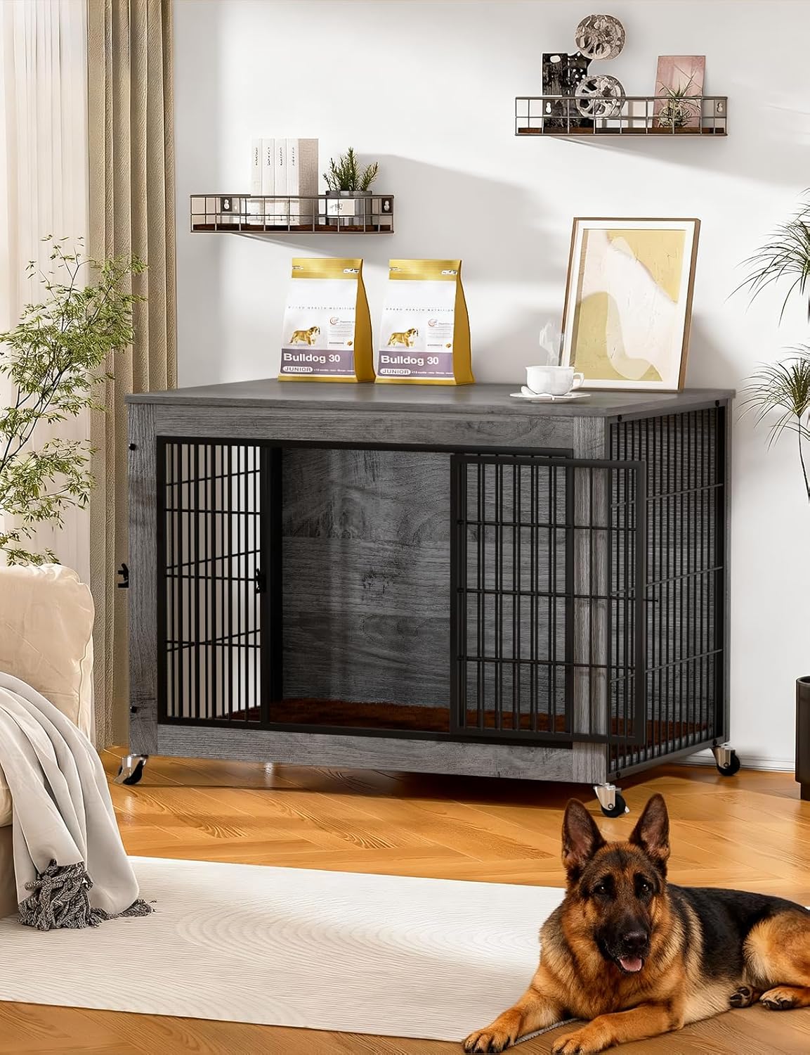 Dog Crate Furniture with Cushion, 38 Inch Dog Kennel Furniture with Wheels, Heavy Duty Large Dogs Crate Furniture, Grey Double Doors Large Kennel Indoor, Furniture Cage & Crate for Dogs