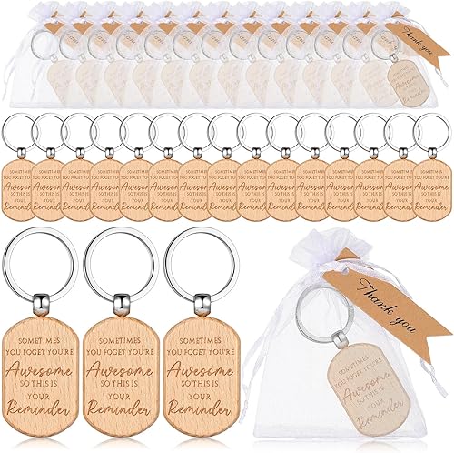 Juego de 50 llaveros de madera, 50 unidades, 50 tarjetas de agradecimiento, 50 bolsas de organza, etiquetas rectangulares redondas de madera para