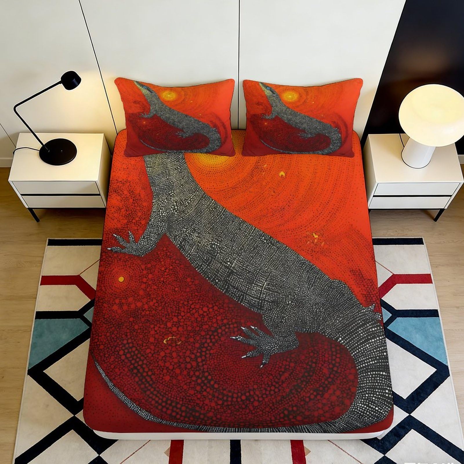 3D Printed Red Lizard Fitted Sheet Microfiber Soft Breathable Orange Gecko Bed Cover for Bedroom Dormitory Guest Room Mattress Protection Decor 140x200x25cm