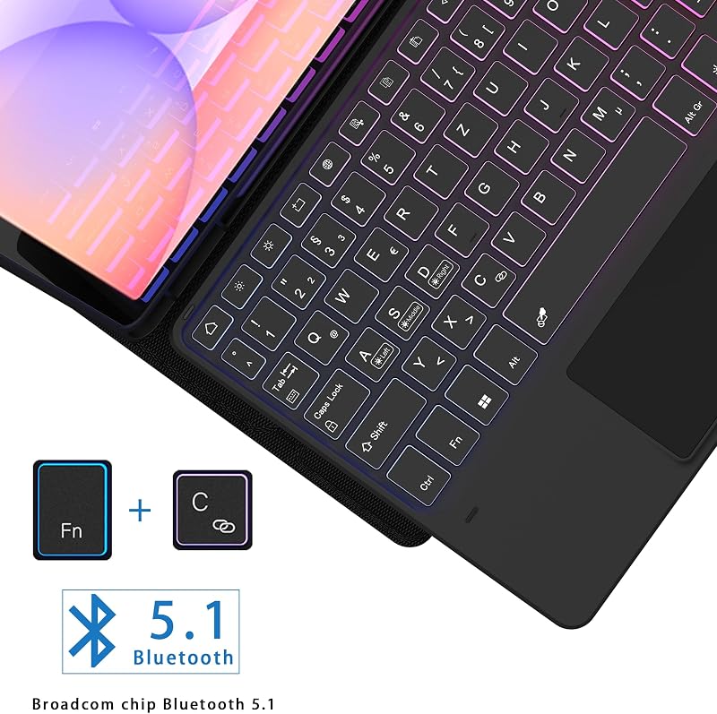 ROOFEI Samsung Galaxy Tab S10 Lite/S9 FE 10.9" Billentyűzetes Tok RGB Világítással
