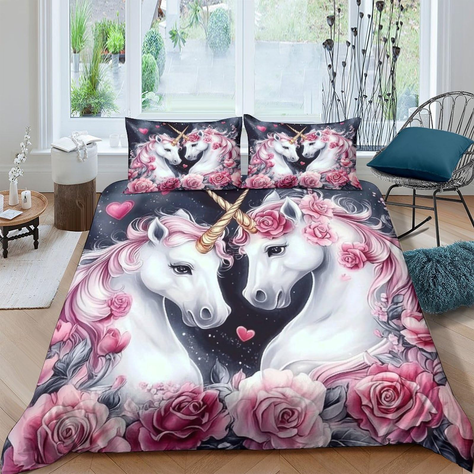 Einhorn-Pärchen 3D-Druck 3er-Set Kuschelbezug Romantischer Fantasy Bettbezug Mikrofaser Reißverschluss Atmungsaktiv für Kleinkinder Kinder Erwachsene King（220x240cm）
