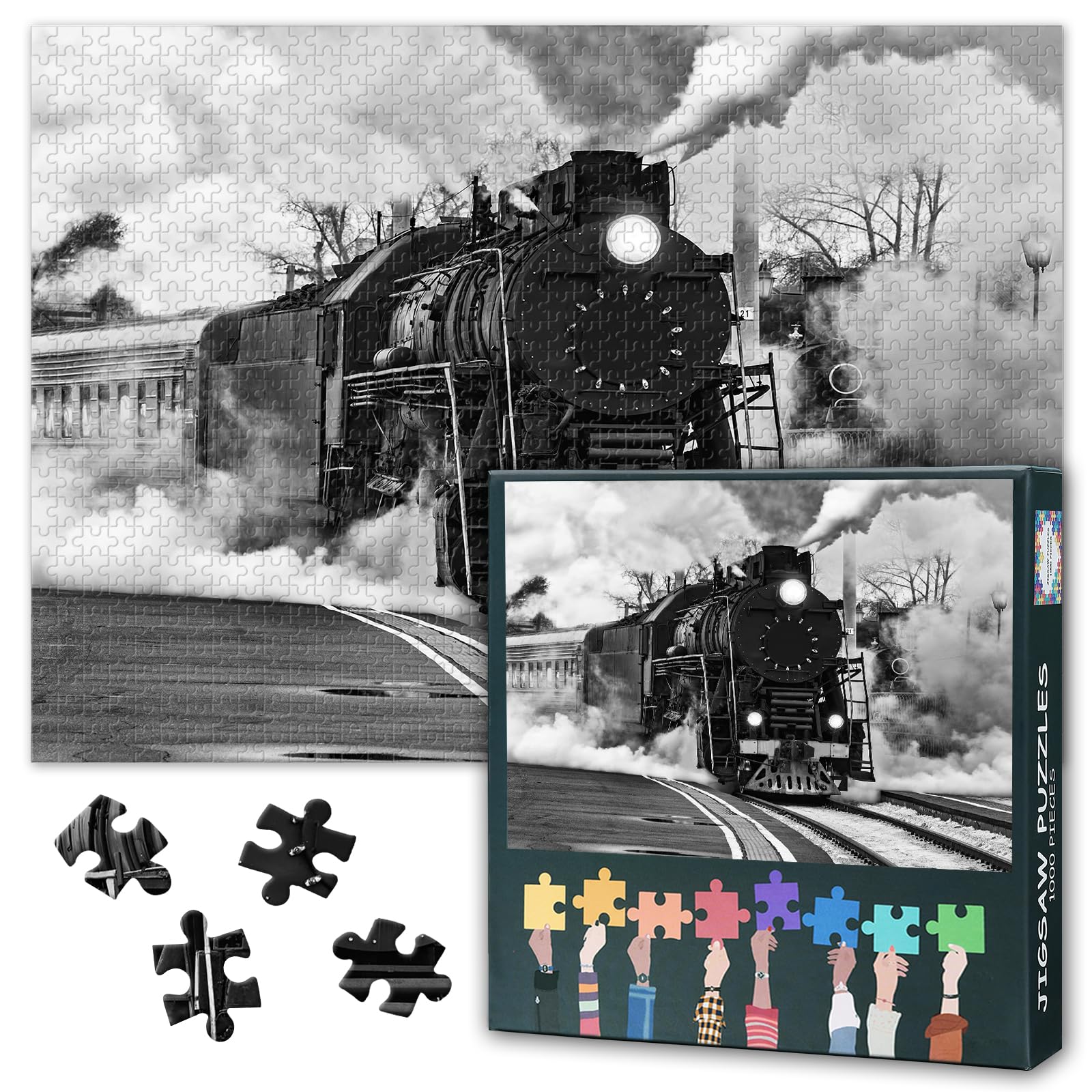 1000 Piece Jigsaw Puzzle for Adults Black and White Steam Locomotive Art Monochrome Train Photography Vintage Home Wall Decor for Living Room or Office 27.5x19.7 Inch