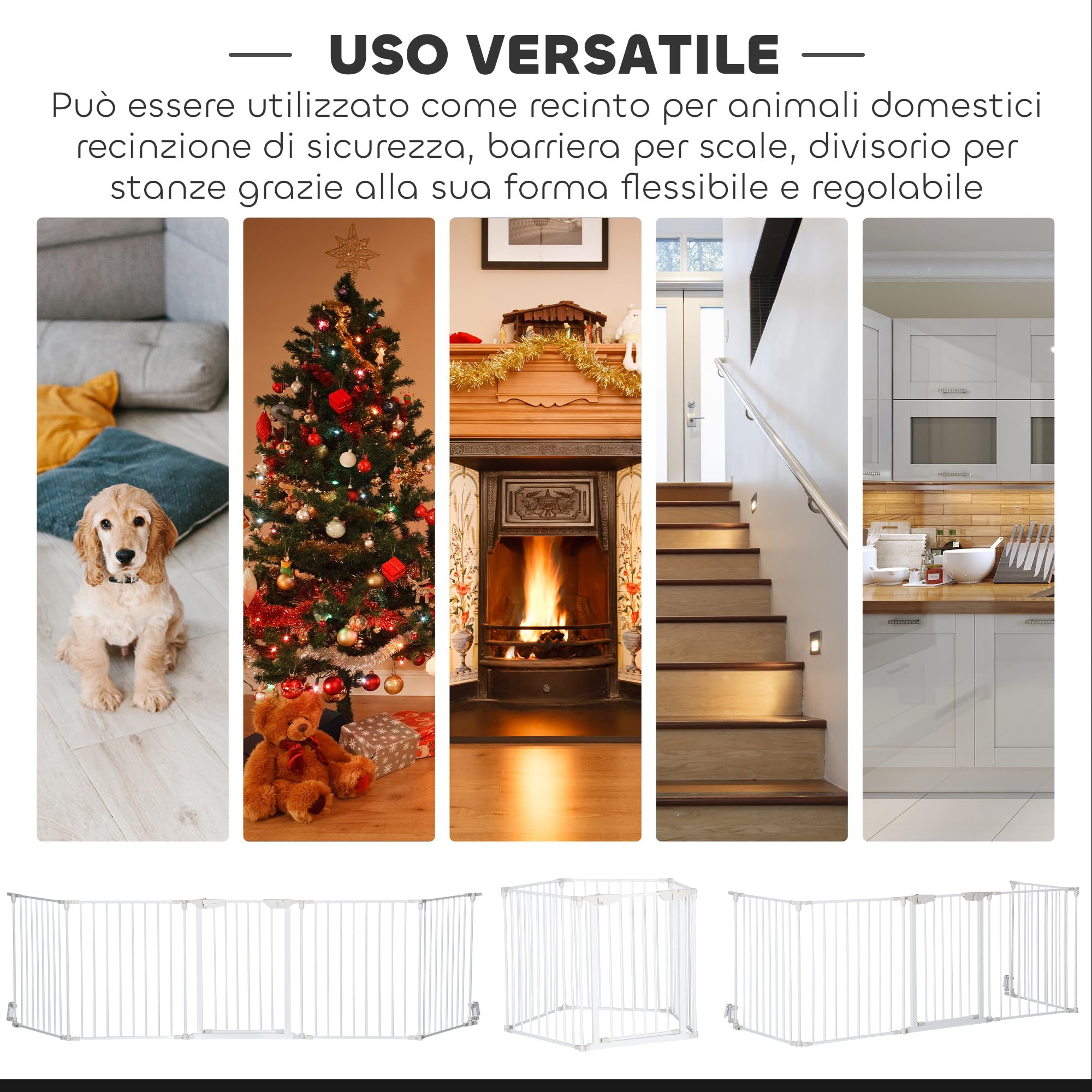 PawHut Recinto Cancelletto per Cani Regolabile Pieghevole Chiusura Automatica Sistema Blocco Metallo Plastica 300x74.5 cm Bianco