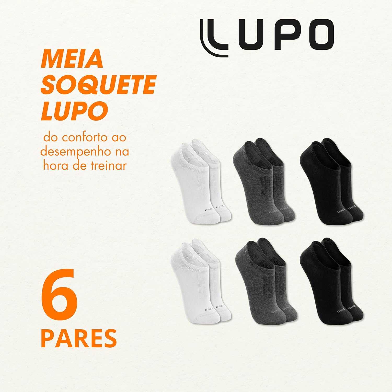 LUPO Kit 6 Pares Meia Soquete Sapatilha Invisível Esportiva Algodão Unissex Adulto LUPO Kit 6 Pares Meia Soquete Sapatilha Invisível Esportiva Algodão Unissex Adulto