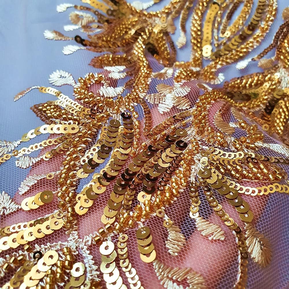 Heavy Luxury Handmade Beading Glass Beads for Evening Dress Lace Fabric Patch Wedding Dress Applique Accessories (Gold, 1 Set=A+B+C)
