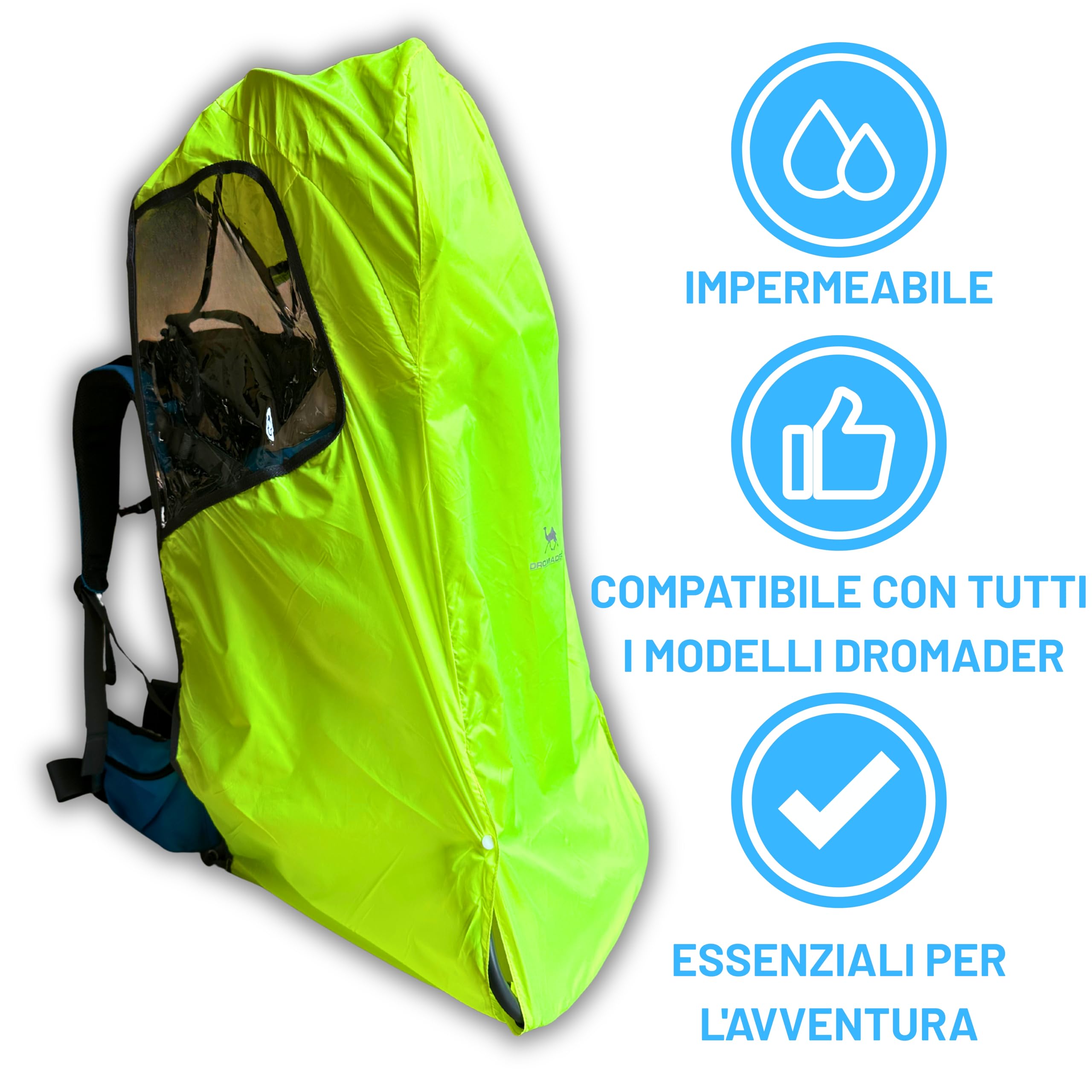 DROMADER Parapioggia impermeabile – Adatto a tutti i marsupi Dromader – Parapioggia universale, leggero e compatto, in PVC trasparente, facile da montare, 165 g