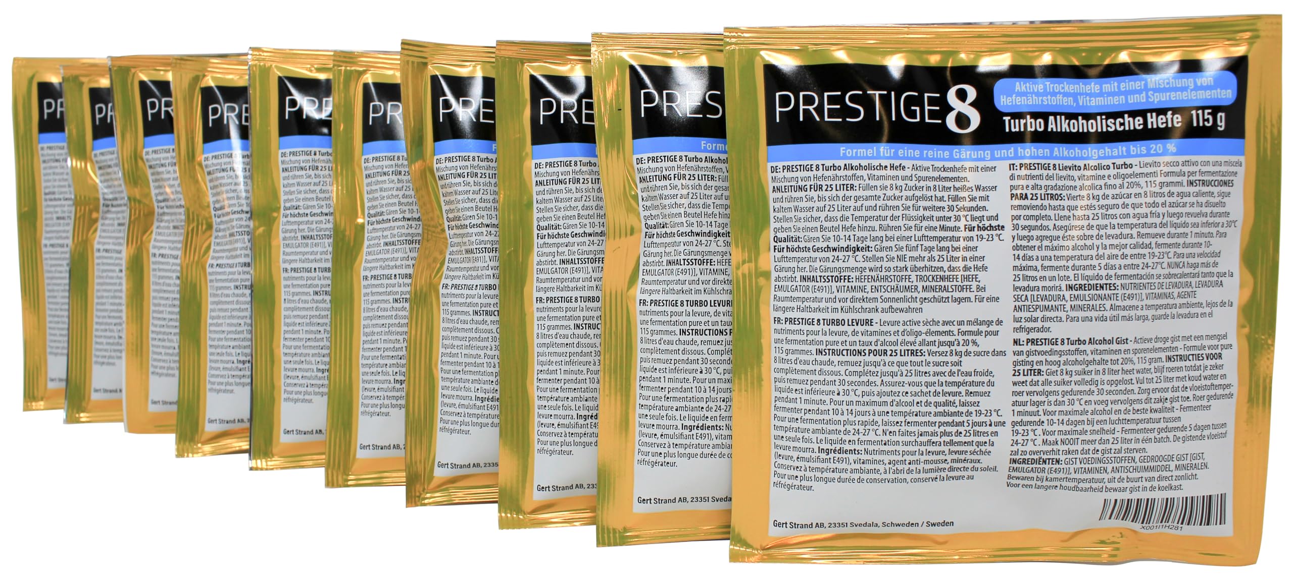 Prestige 8 Turbo-Hefe 18 Prozent, 10er-Pack - Allzweckhefe für die Heimbrauerei, eignet sich für die Gärung von Wodka, Wein, Weinbrand und Fruchtschnäpsen | 10x 115 g