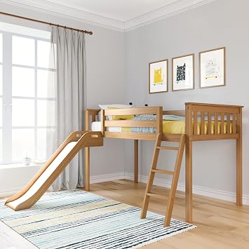 Max & Lily Classic Twin Low Loft Bed with Easy Slide and Angled Ladder, Solid Pine Wood Kids Bedroom Furniture with 14-Inch Safety Guardrails, Space-Saving, Pecan