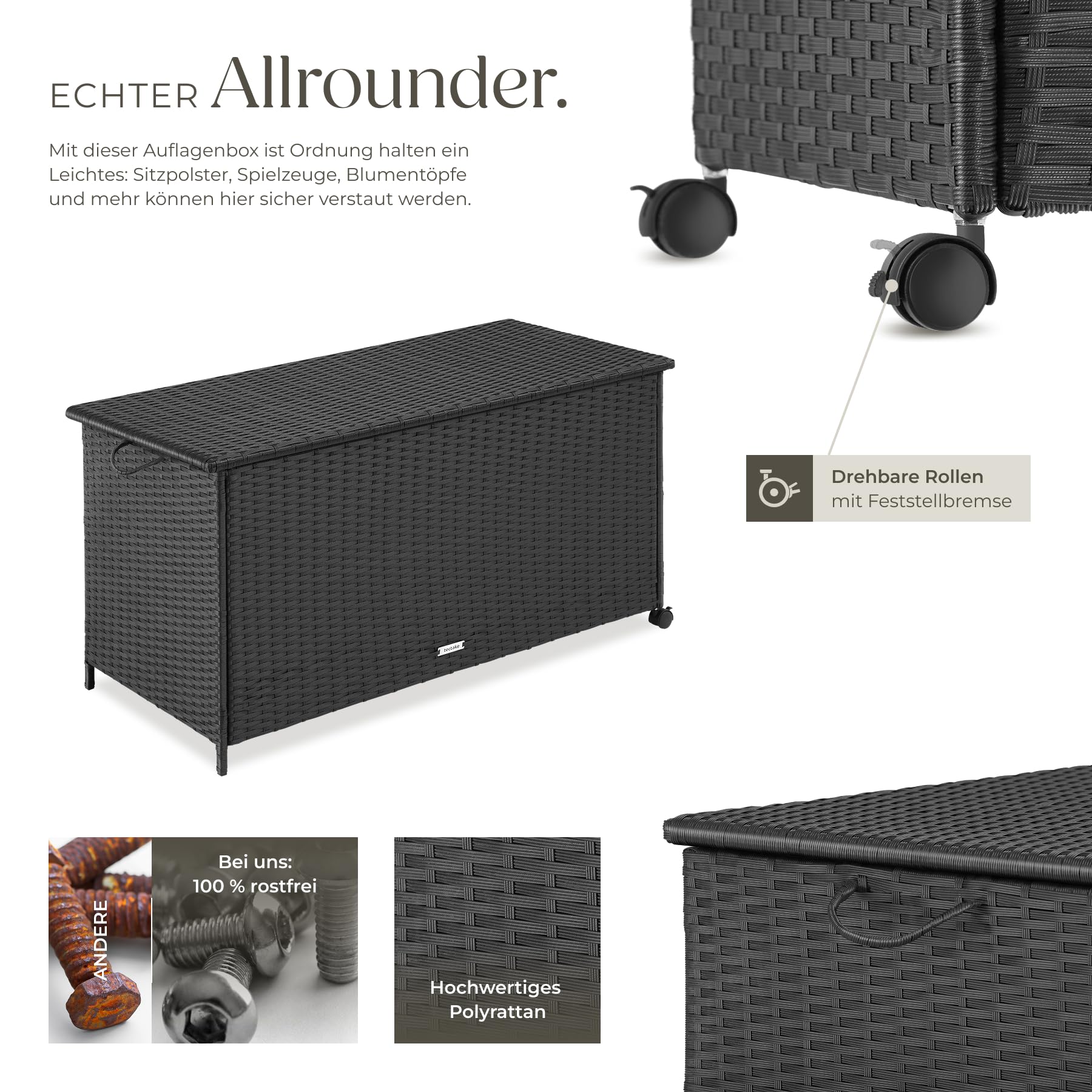 tectake® Auflagenbox 253 l, 116 x 54 x 64 cm, 2 drehbare Rollen mit Feststellbremse, Polyrattan mit Aluminiumrahmen, Kissenbox, Auflagenbehälter, Gartenbox, Sitzkissen Box, Polsterbox - schwarz
