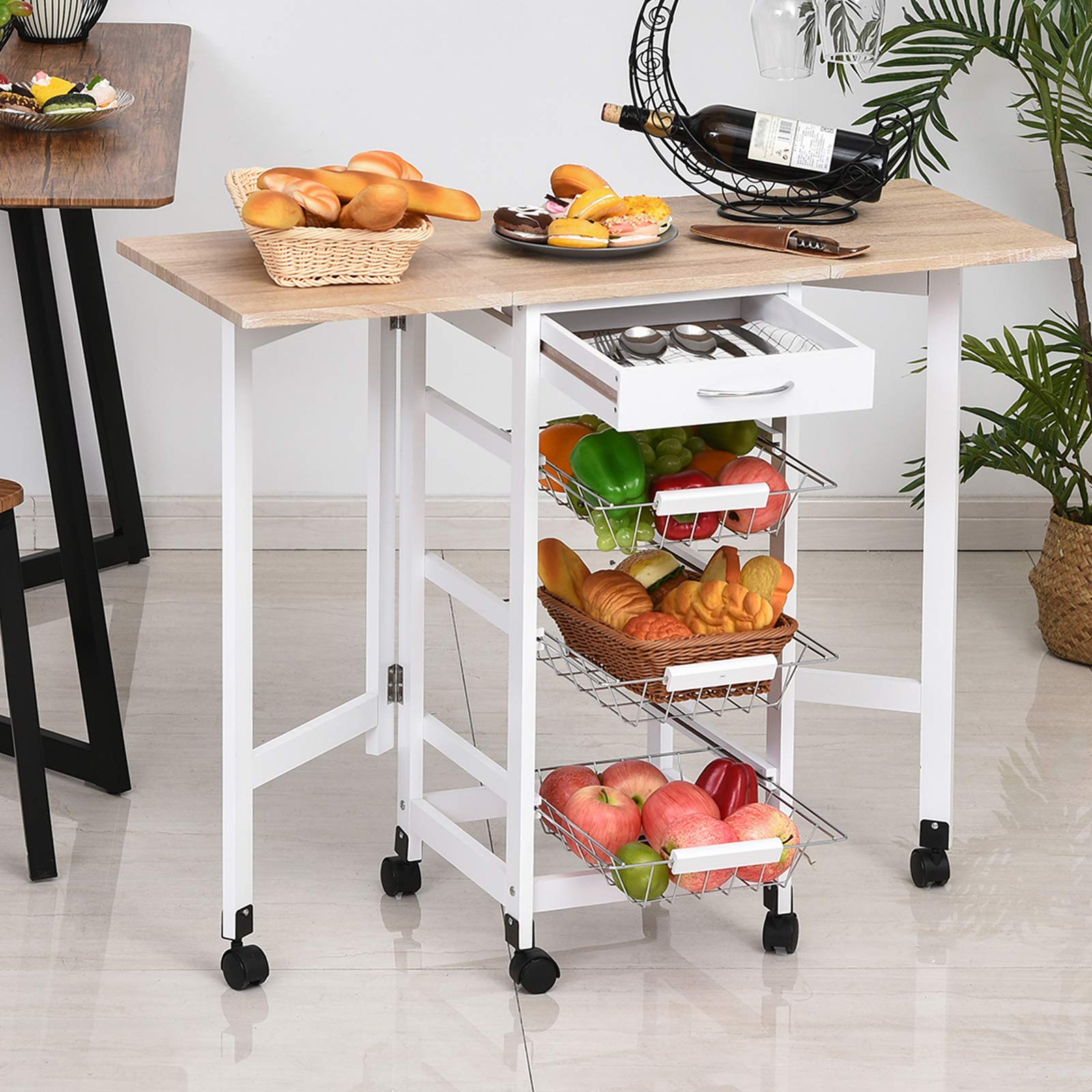 HOMCOM Chariot de Service Multi-Rangements Tiroir MDF Blanc Chêne Clair | Desserte de Cuisine à Roulettes, 3 Paniers Métal, Rallonges