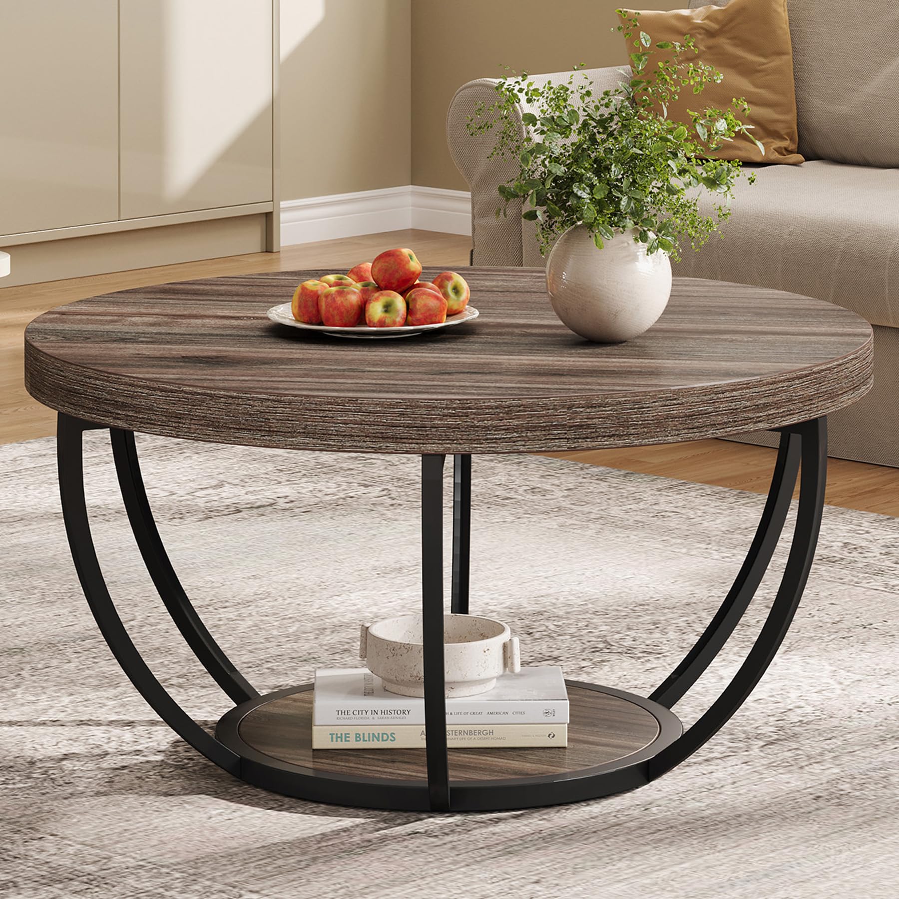 Round Wooden Coffee Table with Pedestal Storage