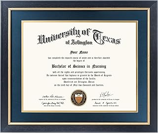 GMFrames 11x14 Wood Diploma Frame with Navy Mat or Display 14x17 Certificates without Mat,UV Protection Acrylic,Rustic Black Finish with Gold Trim
