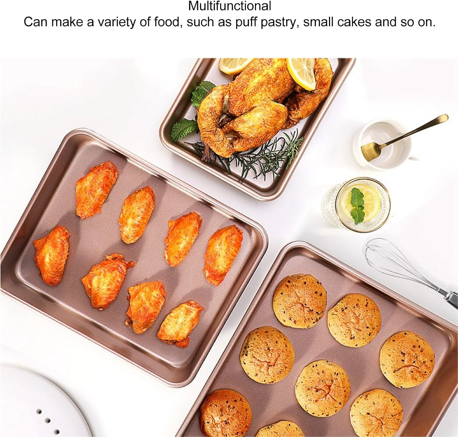 Multiple HERCHR baking pans with chicken wings and cookies