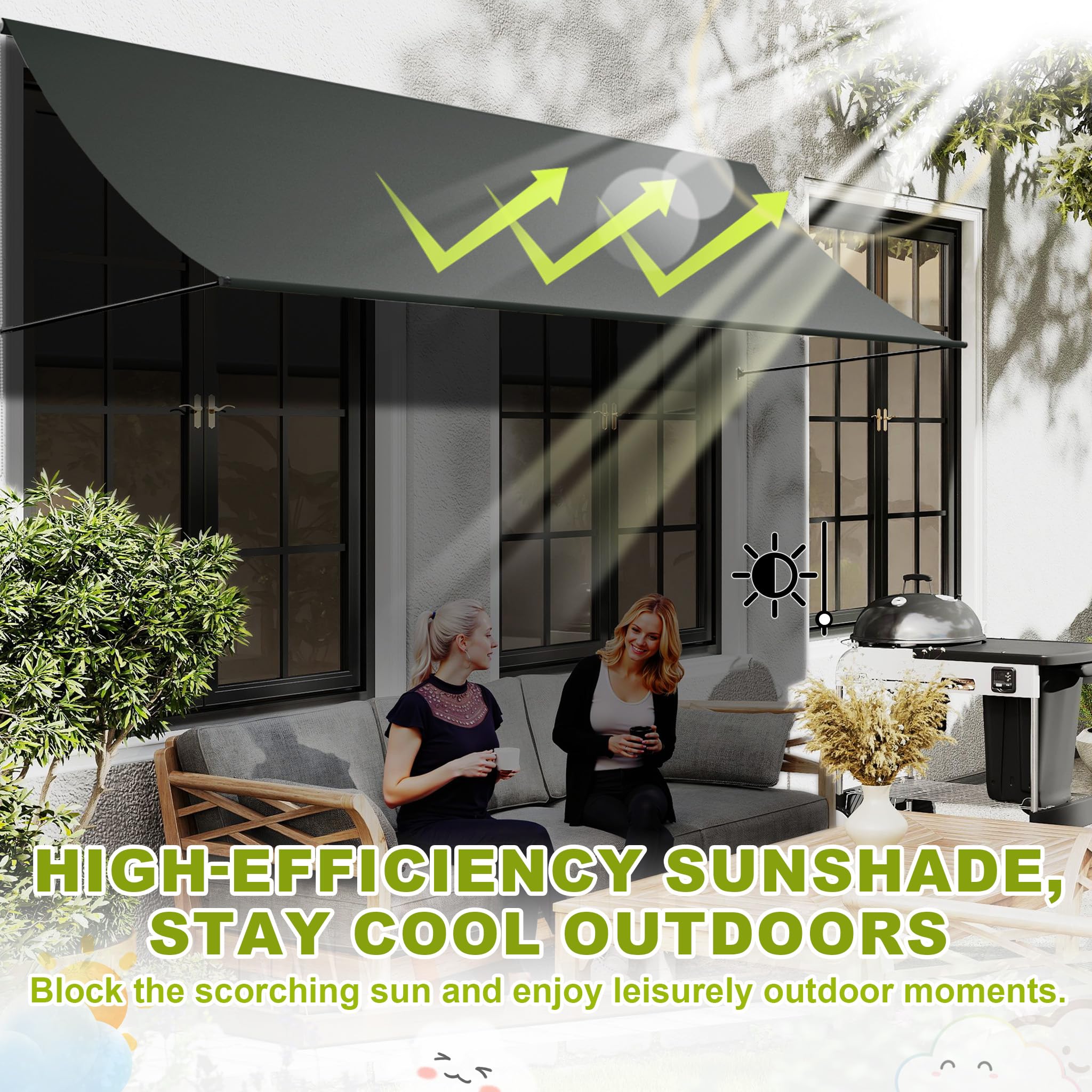 UISEBRT Store de fenêtre rétractable 300 x 145 cm, store de balcon avec cordon et barre de support en aluminium, protection UV, résistant aux intempéries, pour fenêtre, terrasse, balcon, anthracite