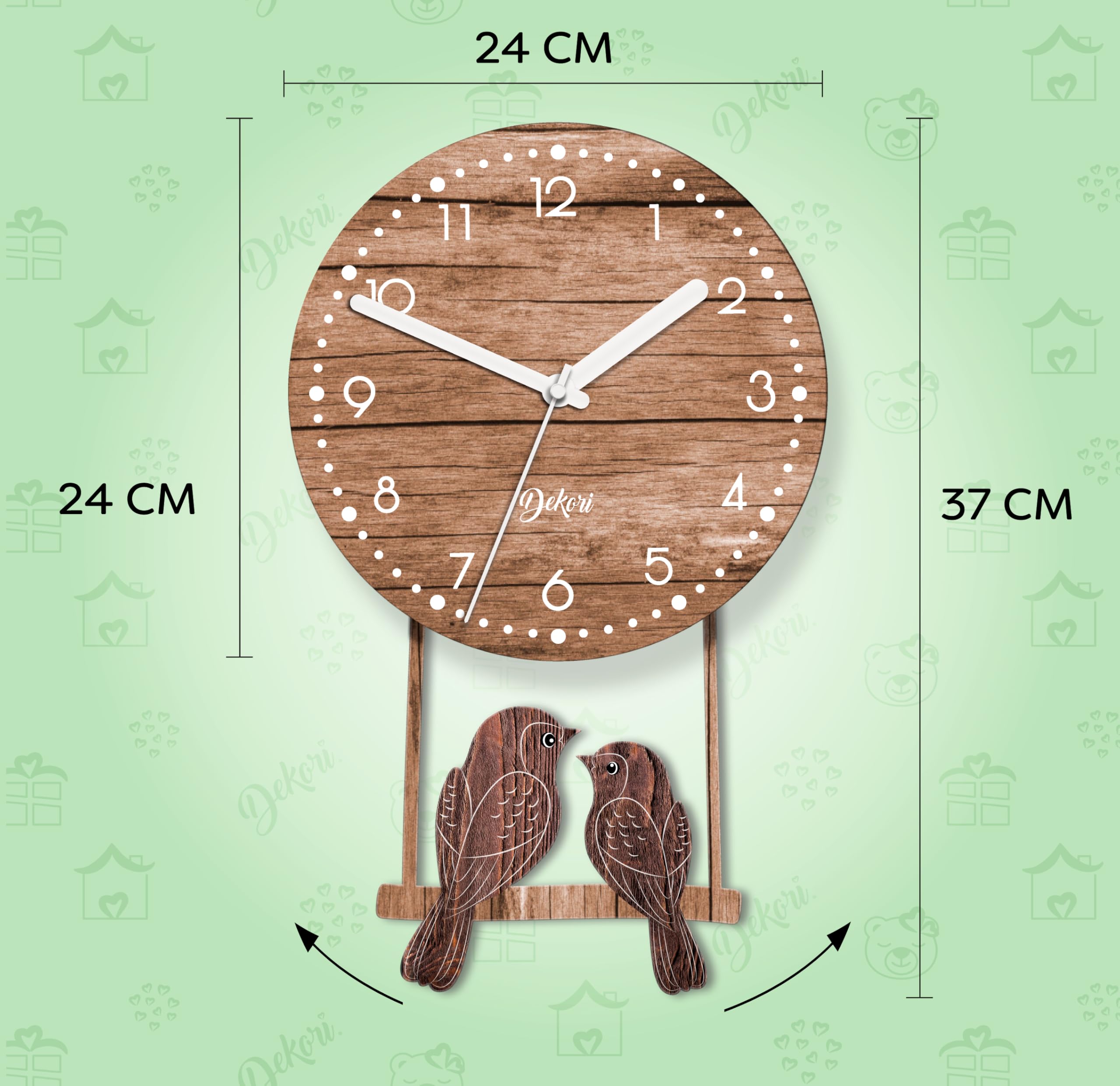 DEKORI – Orologio da Parete Design con Pendolo Oscillante, Uccellini in Legno Decorativi, Stile Naturale Moderno, Movimento Silenzioso, Spessore 8 mm, Made in Italy, 24x37 cm