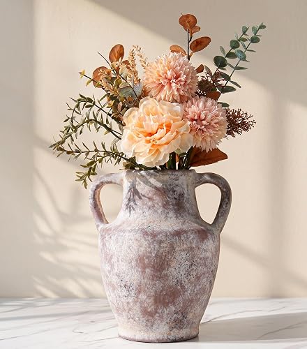 Ceramic Flower Vase with Handles, 8.66 inch Tall Clay Decorative Vases Farmhouse Rustic Vases Pottery Vases for Home Decor Living Room Table Centerpiece Bookshelf Coffee Desk Fireplace, Terracotta