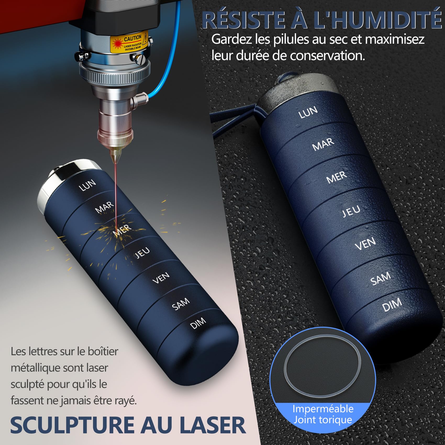 Pilulier Semainier 7 Jours Métal Voyage Pilulier Organisateur, Boîte à Pilules de Voyage étanche et Empilable pour Vitamines, Huile de Poisson, Suppléments