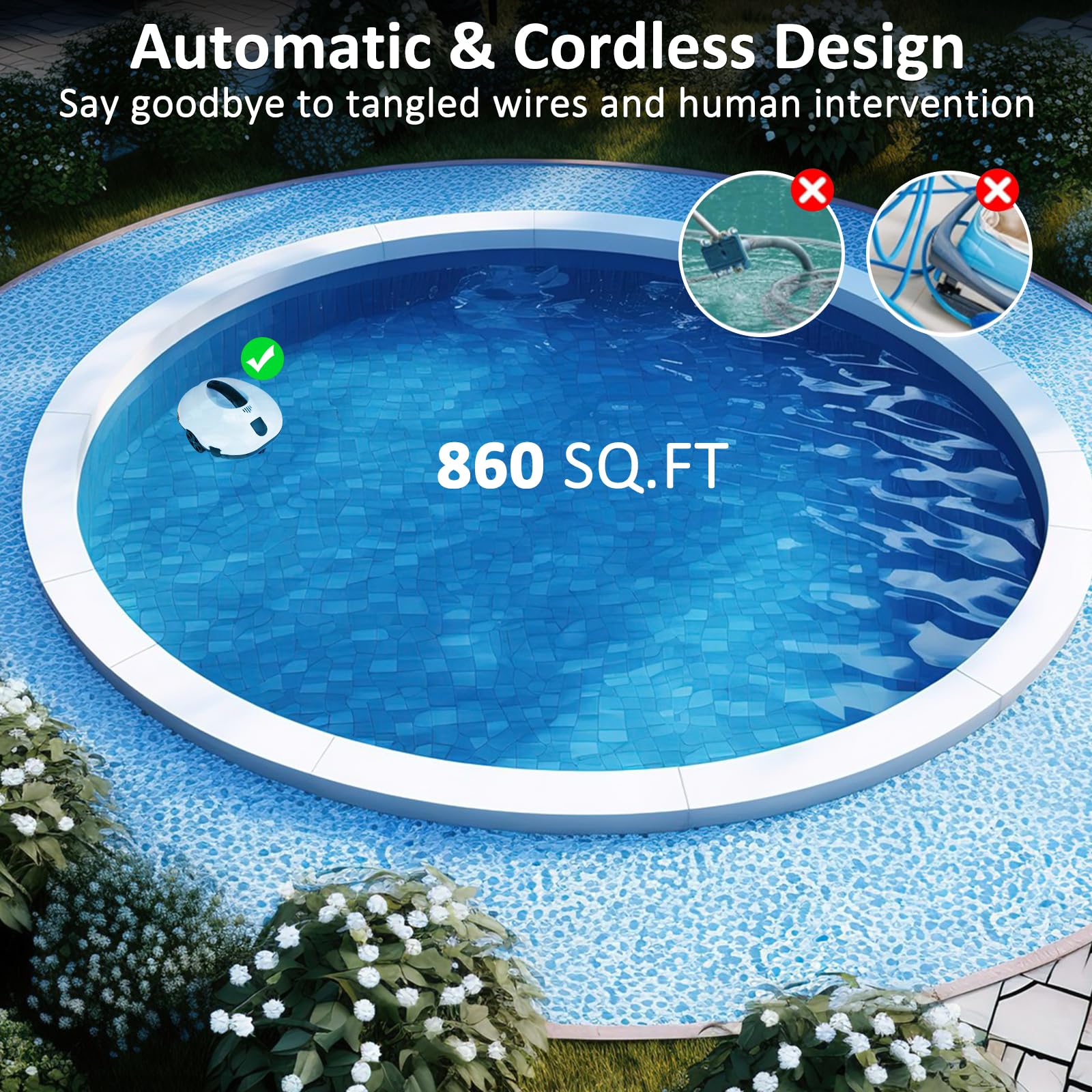 Robot nettoyeur de piscine sans fil de 130 minutes d'autonomie, léger, automatique et portable, 5200 mAh, charge rapide, puissant pour piscine hors sol jusqu'à 80 m² (blanc)