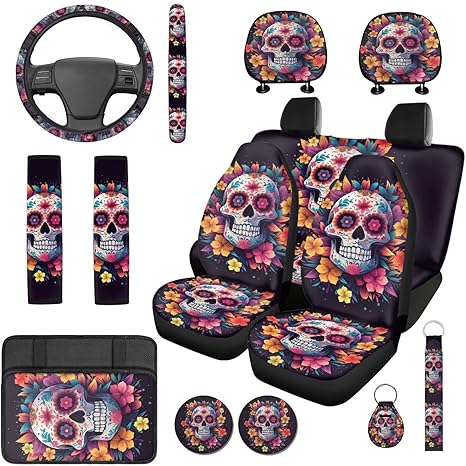 Sugar Skull Car Seat Covers Set 14 Pack with Steering Wheel Cover Auto Seat Belt Cover Head Rest Protector Center Console Cover Car Accessories Universal for Auto SUV