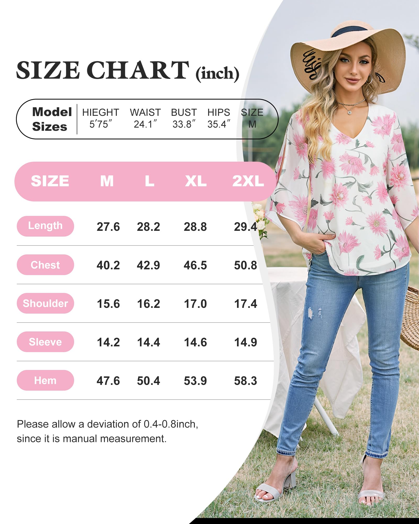 Bebonnie Blusas de gasa de doble capa con cuello en V y volantes para mujer, con mangas 3/4, para mujer