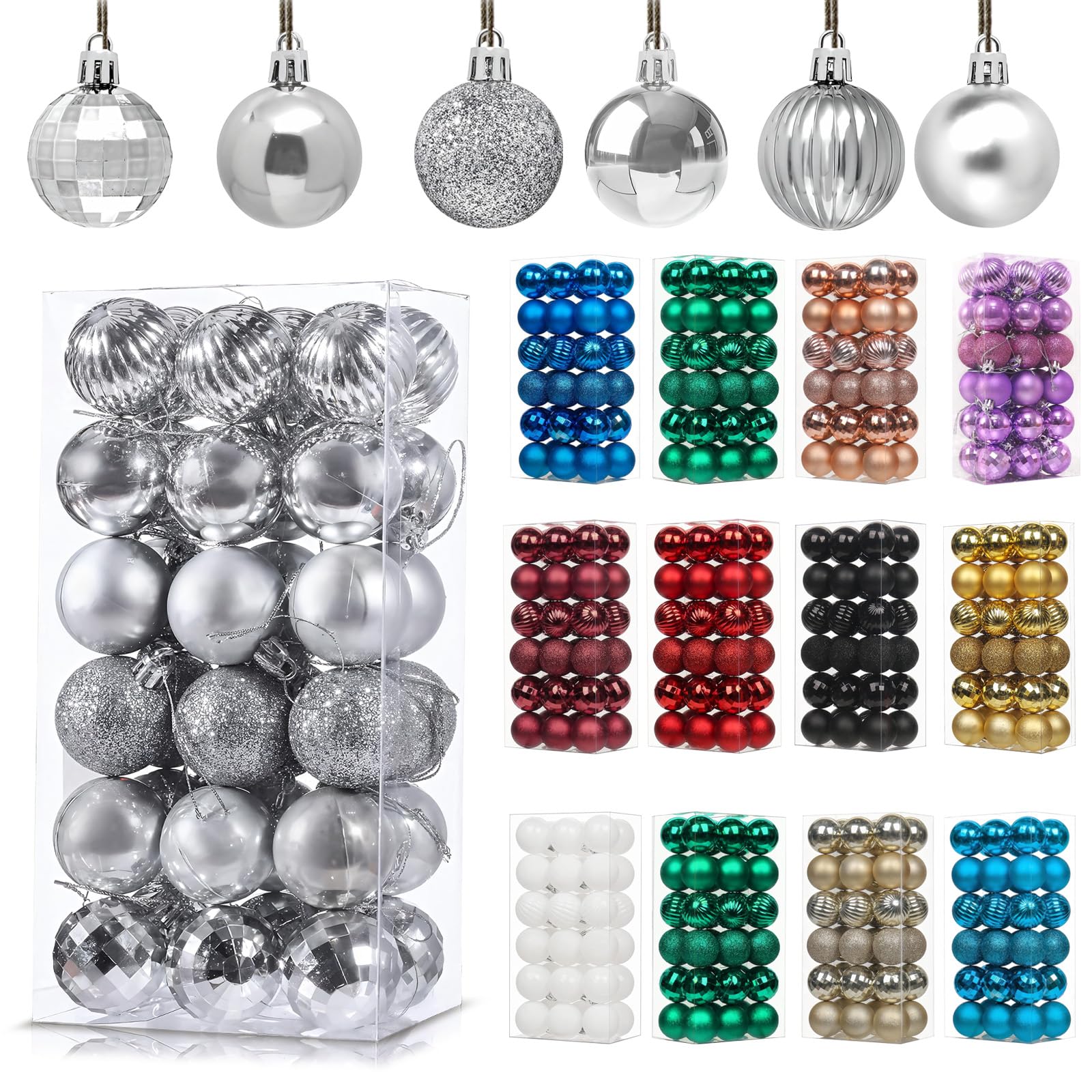 36Pcs Silver Baubles for Christmas Tree Decorations,40mm/1.57" Small Xmas Bauble Hanging Ball,Christma Balls Ornaments with String,Shatterproof Grey Christmas Baubles for Xmas Tree Holiday Party Decor