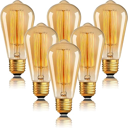 Bombillas Edison ST64 - Paquete de 6 bombillas incandescentes color ámbar vintage 110 V, 40 W, 240 lúmenes, base E26 de 2200 K, regulable,