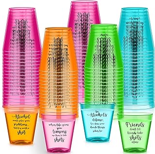 Roshtia 100 Pcs 2oz Funny Shot Glasses for Adults Friends Plastic Shot Cup Colorful Neon Disposable Mini Cups with sayings for Bachelorette Birthday Wedding Adult Party Favors Supplies