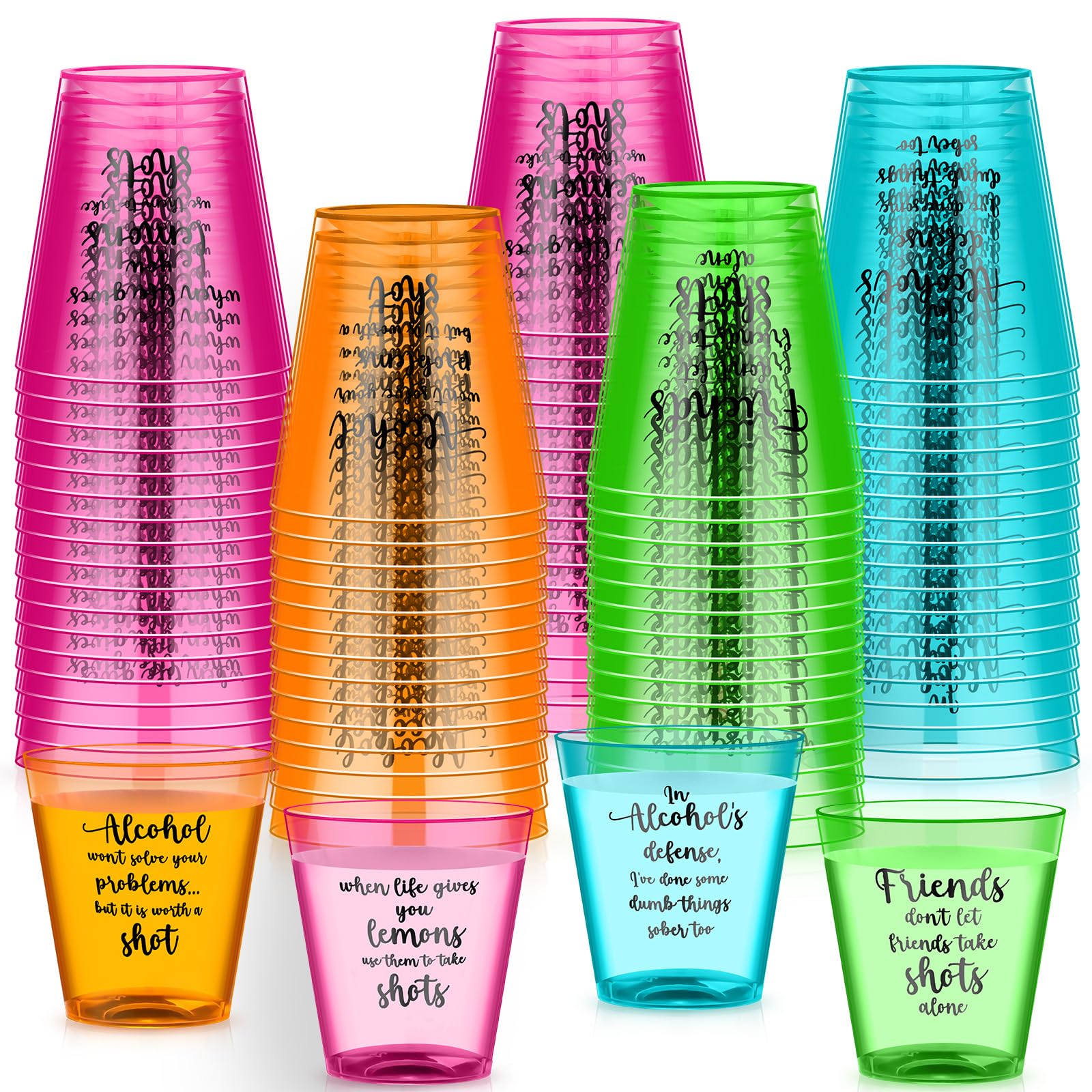 Roshtia 100 vasos de chupito divertidos de 2 onzas para adultos y amigos, vasos de chupito desechables de neón coloridos para amigos, despedidas de soltera, cumpleaños, bodas, regalos de fiesta de