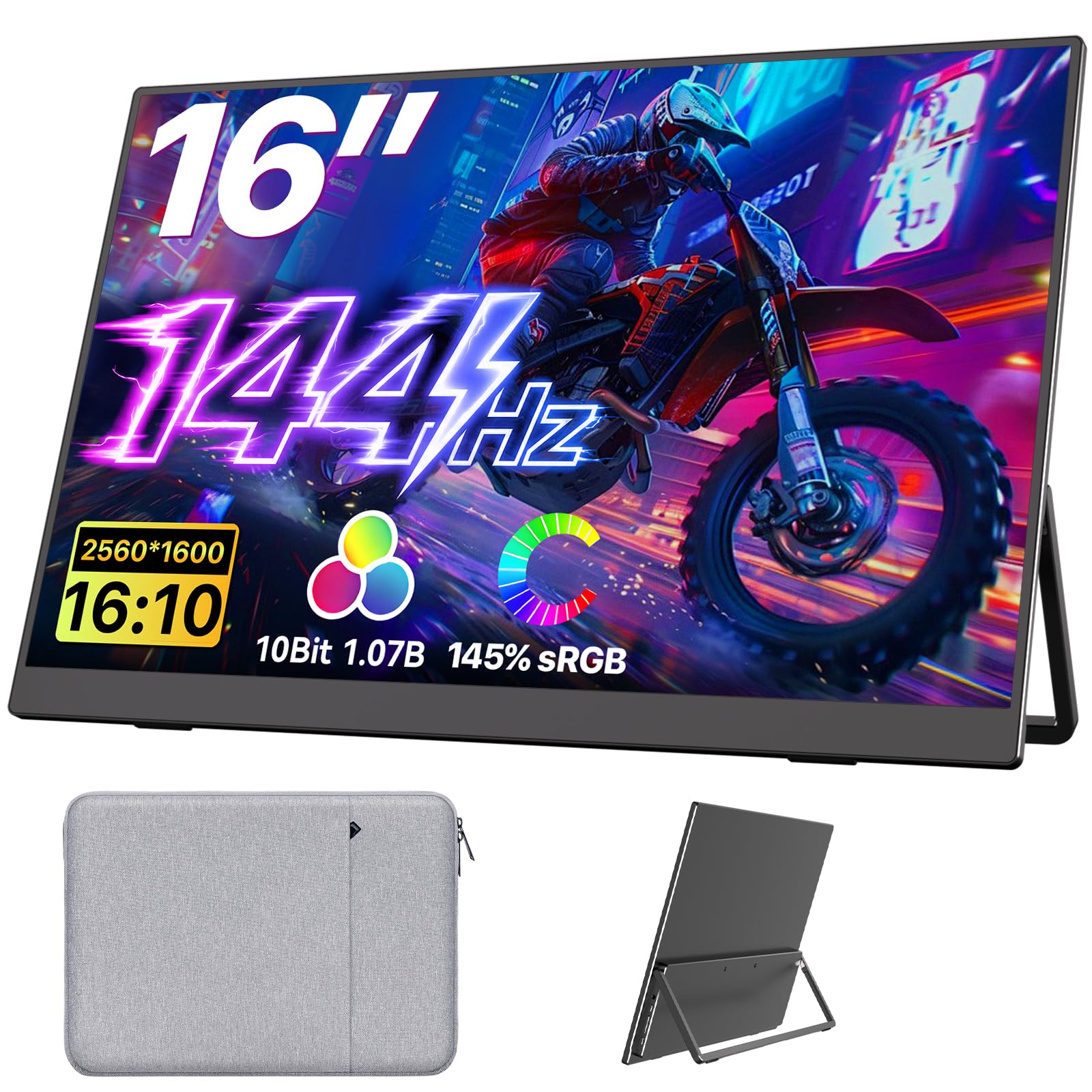 Portable Monitor 16" 2K QHD 2560X1600 145% sRGB 144Hz IPS HDR HDMI USB-C Travel Monitor for Laptop MacBook PC Surface PS5 Xbox, External Display with Kickstand & Speakers, VESA Compatible
