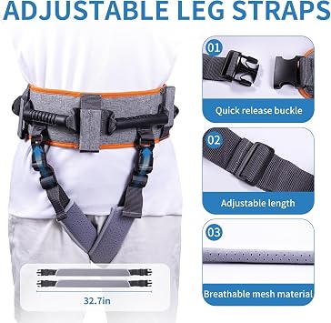 Gait Belt Transfer for Seniors with 7 Handles, Medical Nursing Gate Belts with One-Click Buckle for Elderly Walking, Lifting Belt with 2 Detachable Leg Straps, Breathable, Orange, (S)