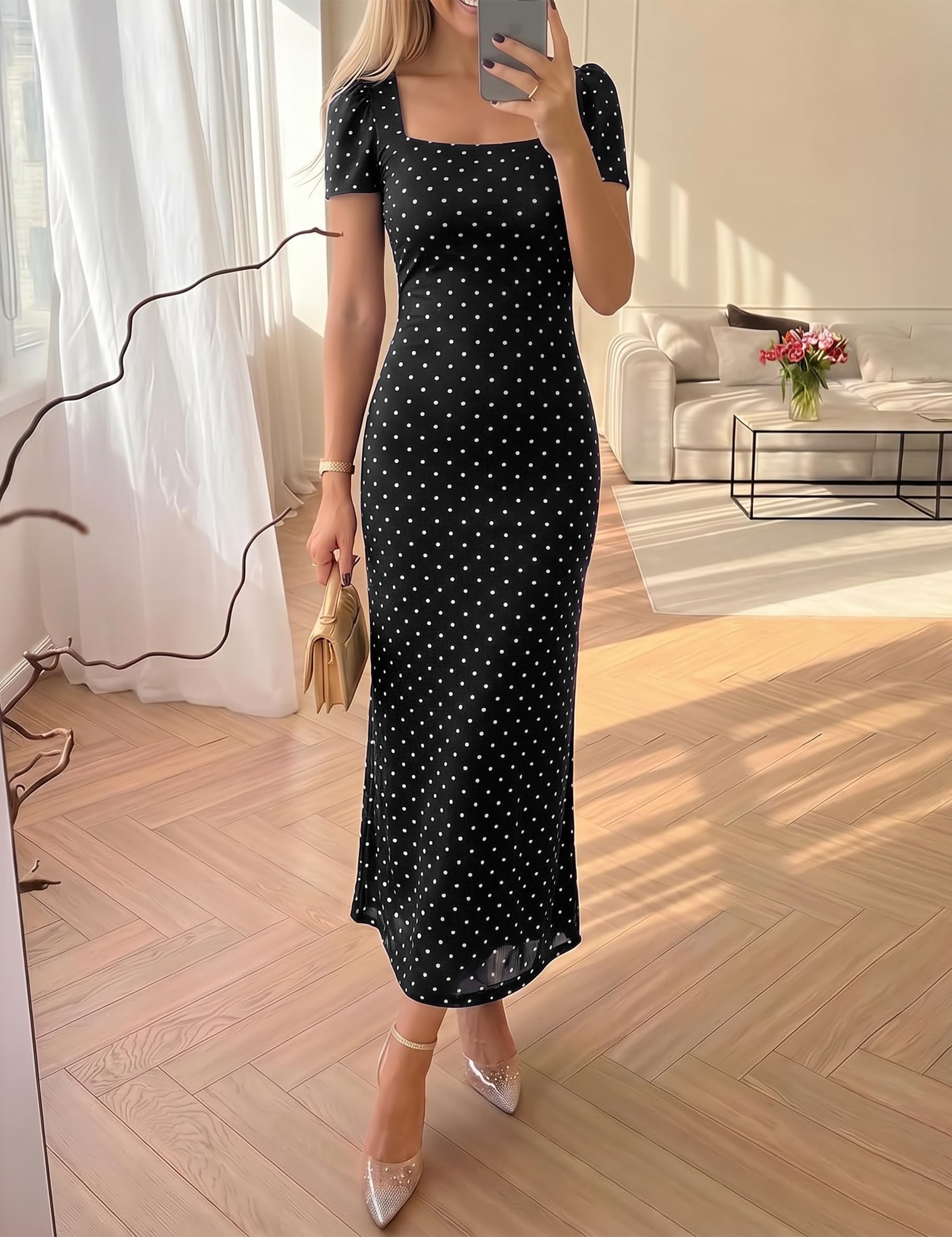 Fengbay Vestido de verano para mujer, diseño de lunares, con escote cuadrado, estilo vintage