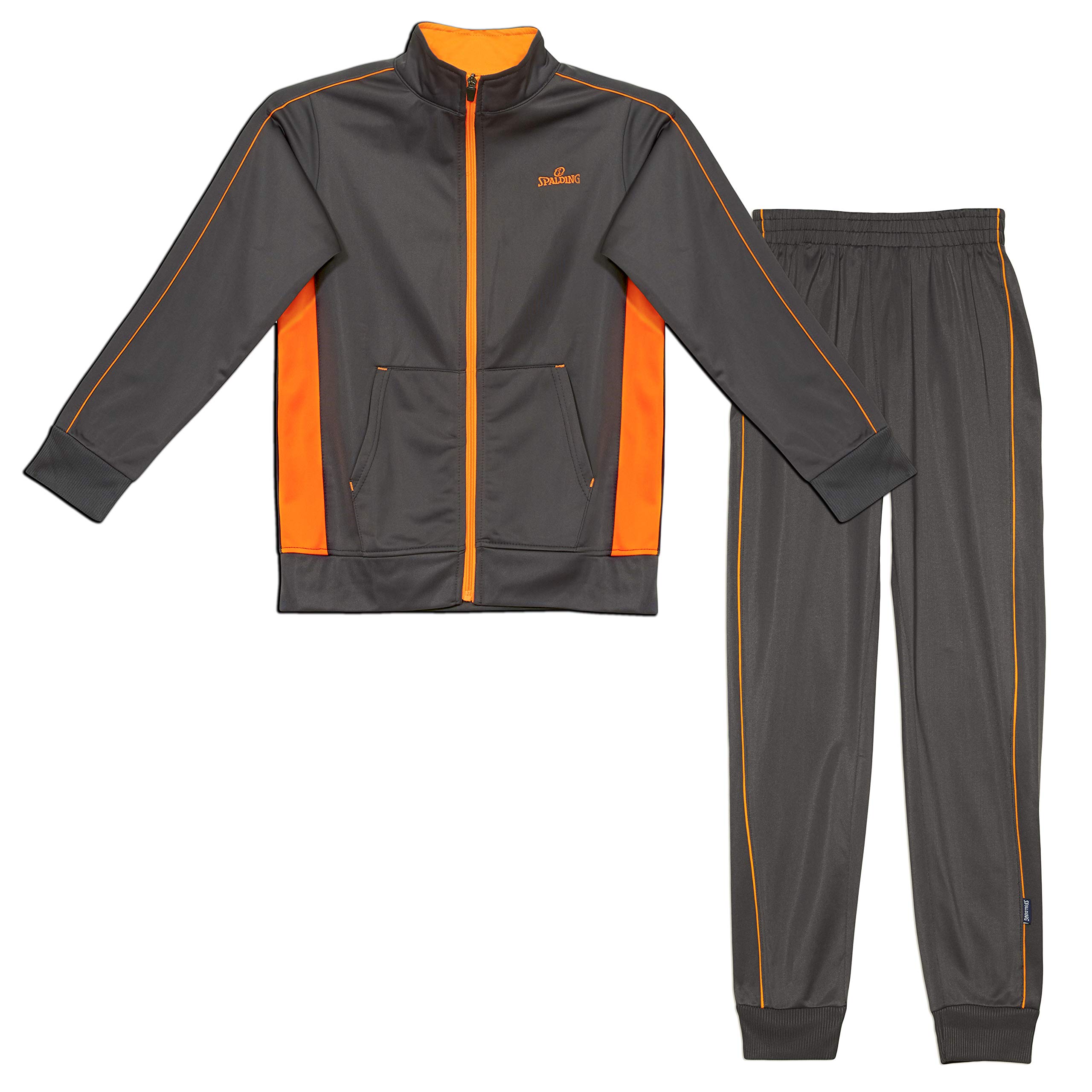 Spalding Boys Side Stripe Tricot Athletic Two-Piece Tracksuit Set Grey/Orange 14