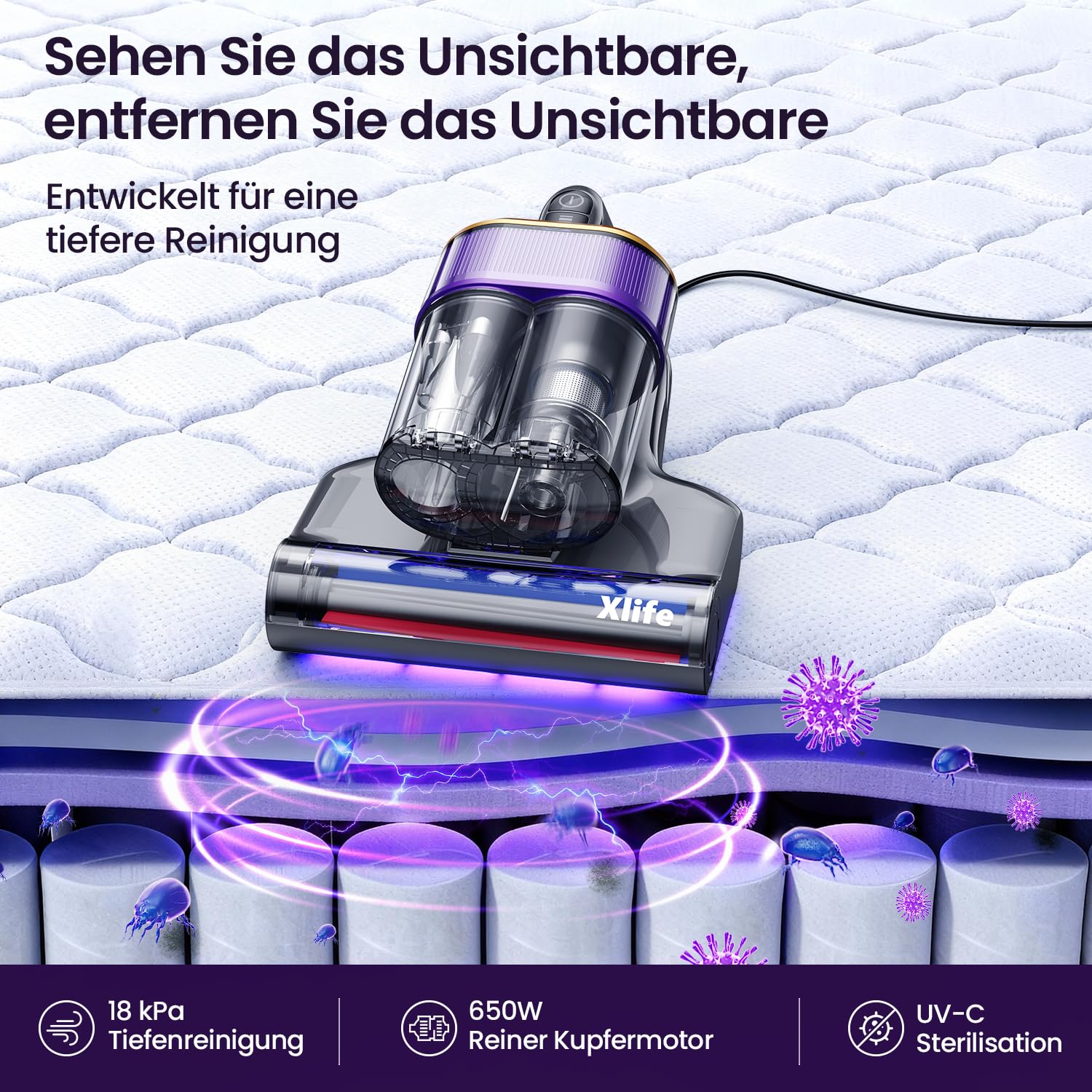 Milbensauger für Matratzen mit 18 kPa Saugkraft, UV-C Licht, 63 °C Heißluft und 2 Bürsten, Bett-Staubsauger und Matratzenreiniger für Matratzen, Betten, Sofa