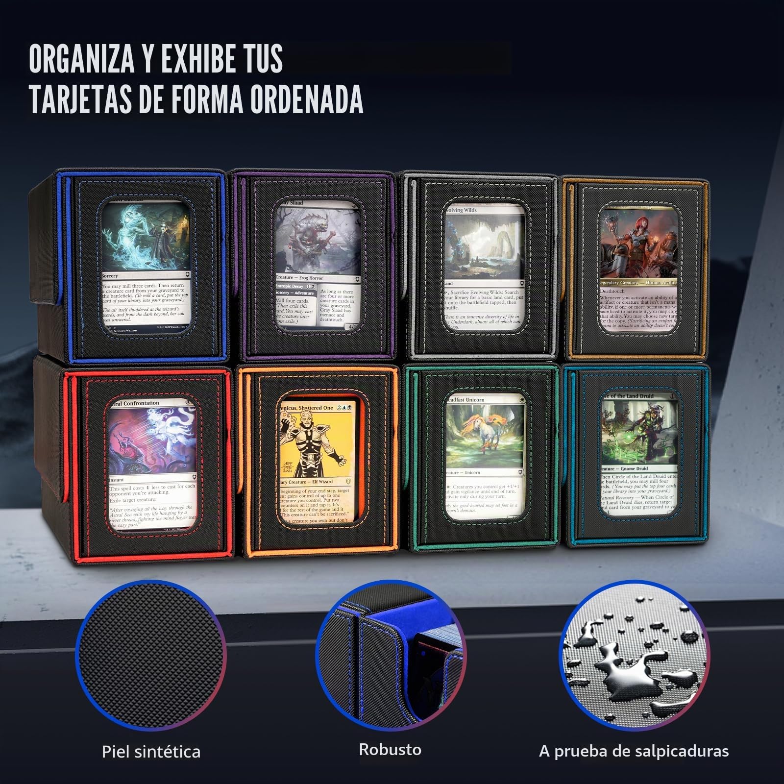 TiMOVO Caja de Cartas para MTG, Soporte Mazo de Cartas para 200+ Cartas de Doble Funda, Deck Box con 2 Expositores & 4 Divisores & Bandeja de Dados para YuGiOh, TCG, CCG Cartas Mágica, Negro&Azul