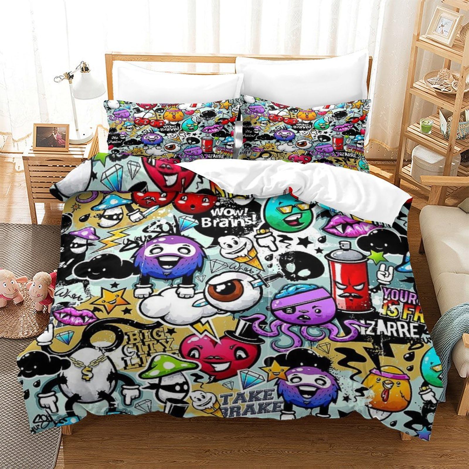 LILIlaobiao Graffiti Colorful Quilt Cover Set Hidden Zipper Doodles Duvet Cover Set with Pillowcases Bedding Set Soft Microfiber Comforter Cover for Kids Adults Double（200x200cm）