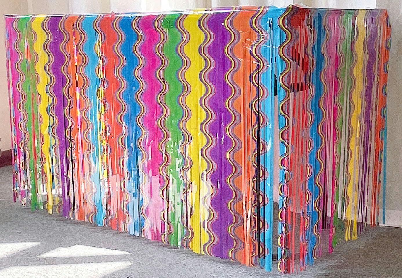275 x 75 cm, 20 sztuk, kolory tęczy, hawajska spódnica stołowa, folia metalowa, frędzle, spódniczki stołowe z lametty, folia z lamety, girlanda na baby shower