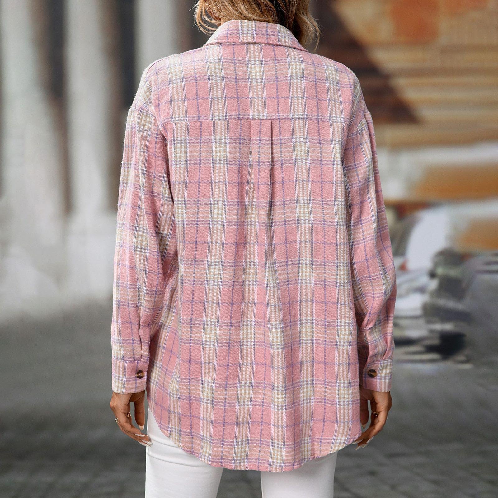 Generisch Chemise à carreaux décontractée à manches longues pour femme avec poches, haut surdimensionné élégant pour le quotidien