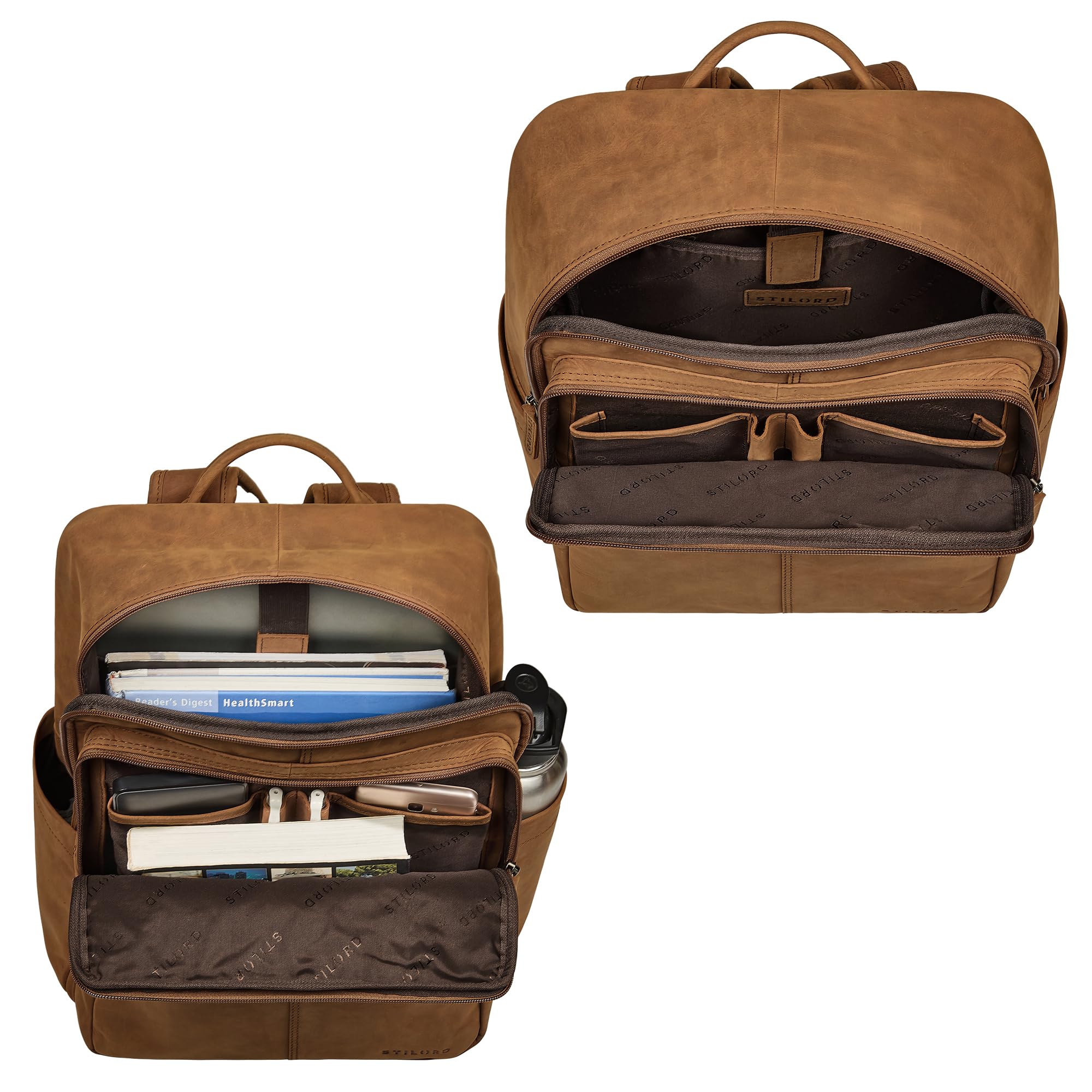 STILORD "Maurizio" Duży Męski Plecak Biznesowy ze Skóry Naturalnej na laptopa 15,6 cala Backpack do Pracy na Uczelnię z Uchwytem na Walizkę Elegancki Daypack Skórzany Kolor:tan-ciemny-brąz