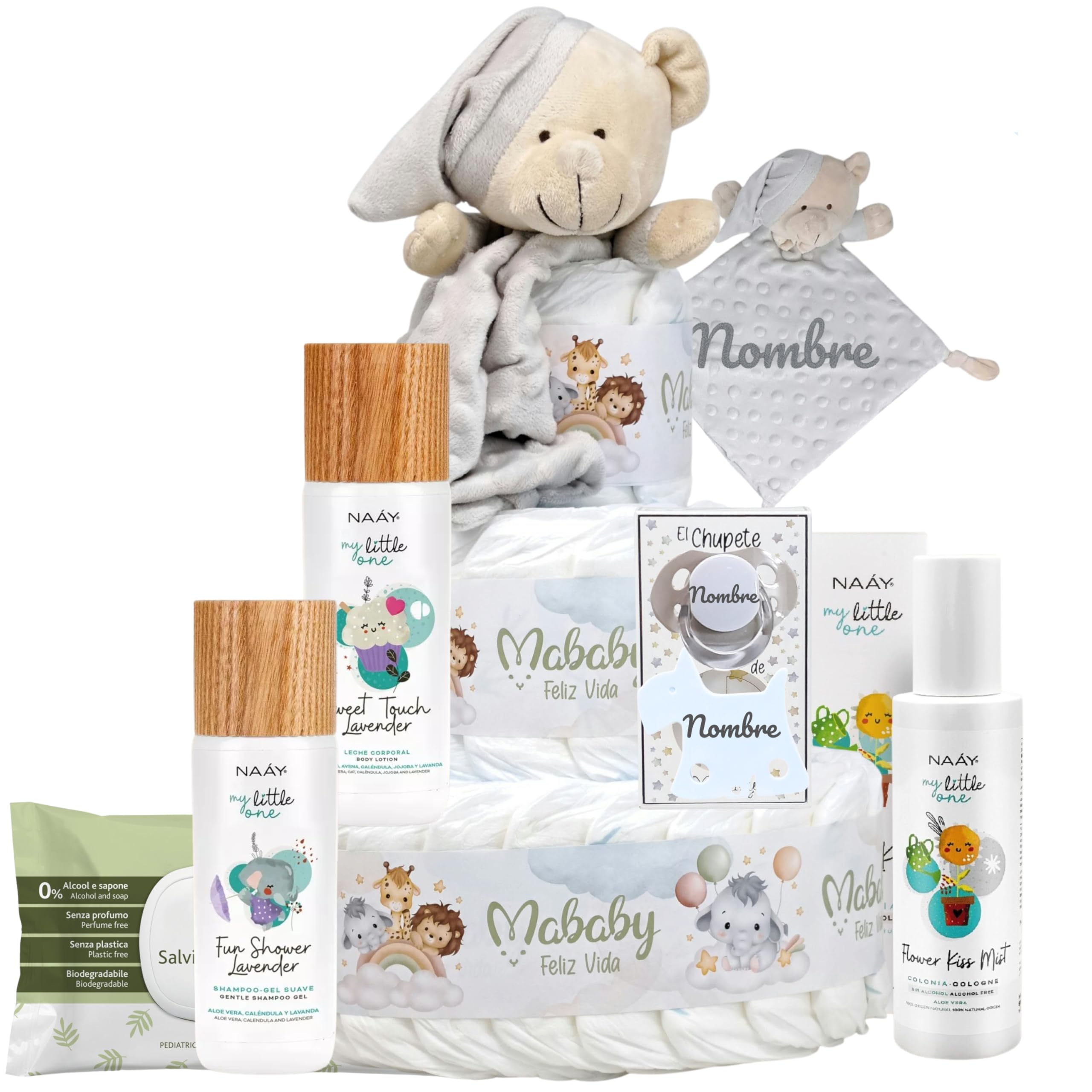Tarta de Pañales Lavender, 42 Pañales y Doudou (Gris) | Tarta de 3 pisos con 42 pañales talla 2, doudou osito y chupete con nombre, set de higiene y toallitas