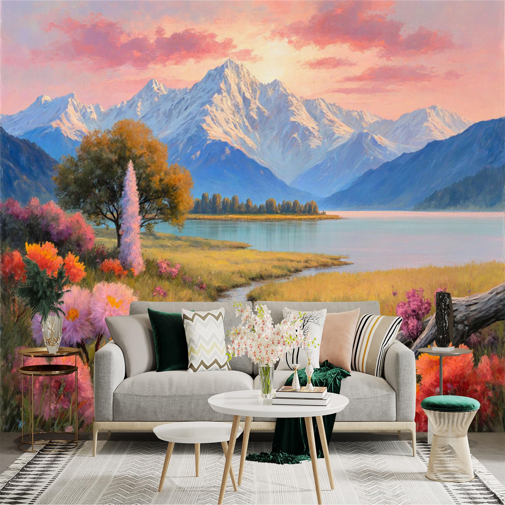 Lnzczhyre Xc260505366 Custom Size Wall Sticker Mural， Scenic Mountain Landscape， Sunset Lake View， Wildflower Meadow And Creek， For Wall Decoration， Peelandstick Wall Decals.