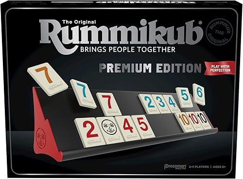 Rummikub Edición Premium de Pressman - Incluye estantes - Azulejos grandes con números grabados y una bolsa de almacenamiento para la experiencia