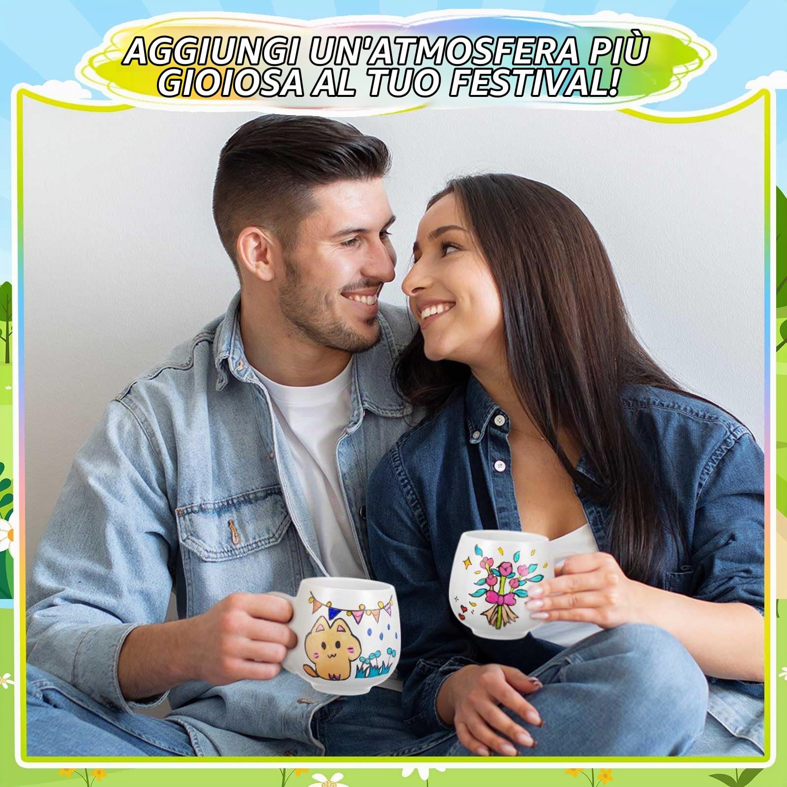 Geiserailie 4 Tazze Fai da te Verniciabili Kit 4 Tazze in Ceramica Vuote per Sublimazione 12 Pennarelli con 24 Colori Regalo Compleanno Natale Anniversario Festa della Mamma Pasqua(Elegante)