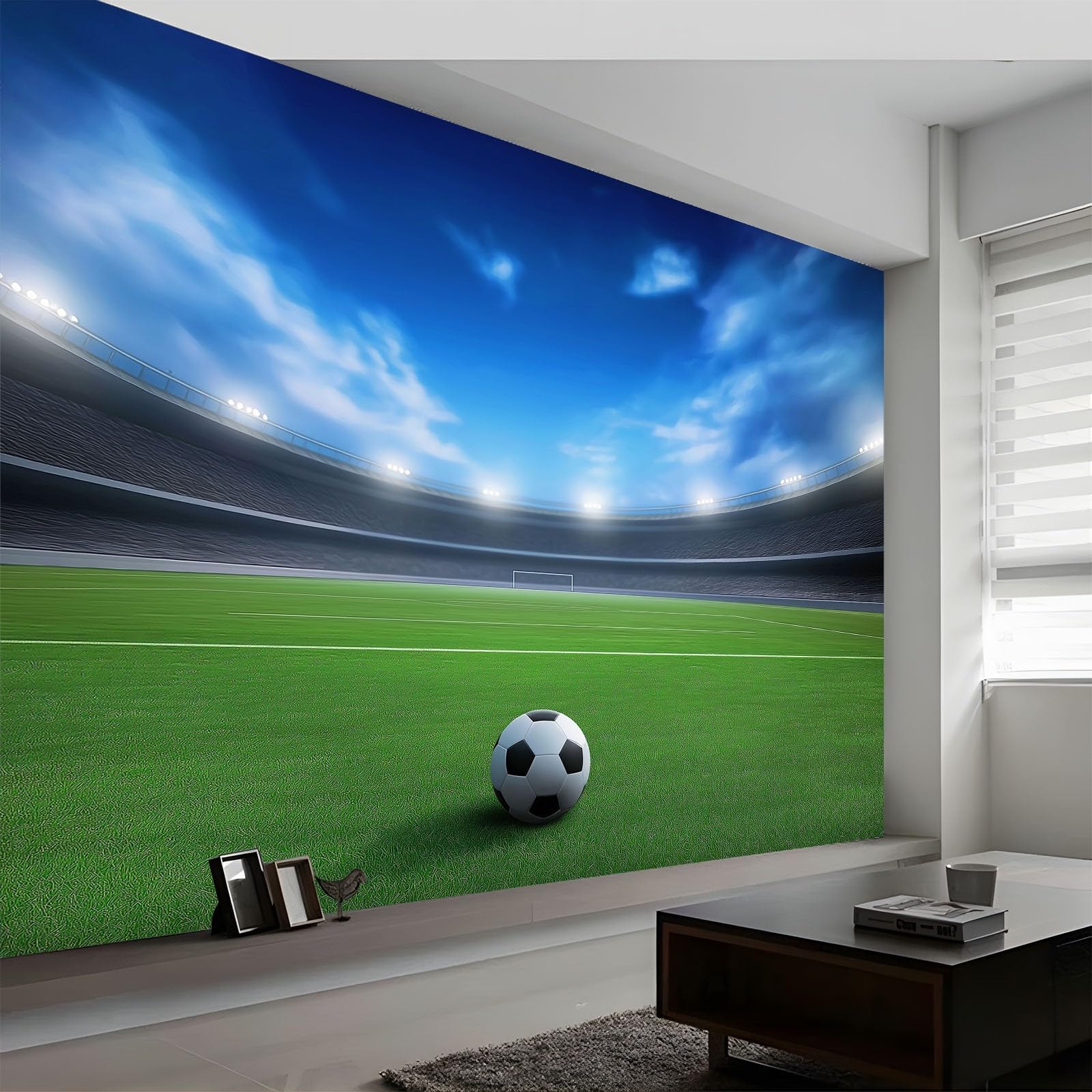Tapeta 3D, boisko do piłki nożnej, piłka nożna, 350 x 256 cm, murale ścienne, fotografia sportowa z włókniny, fototapeta do salonu, sypialni, pokoju dziecięcego, biura, dekoracja, łatwa instalacja