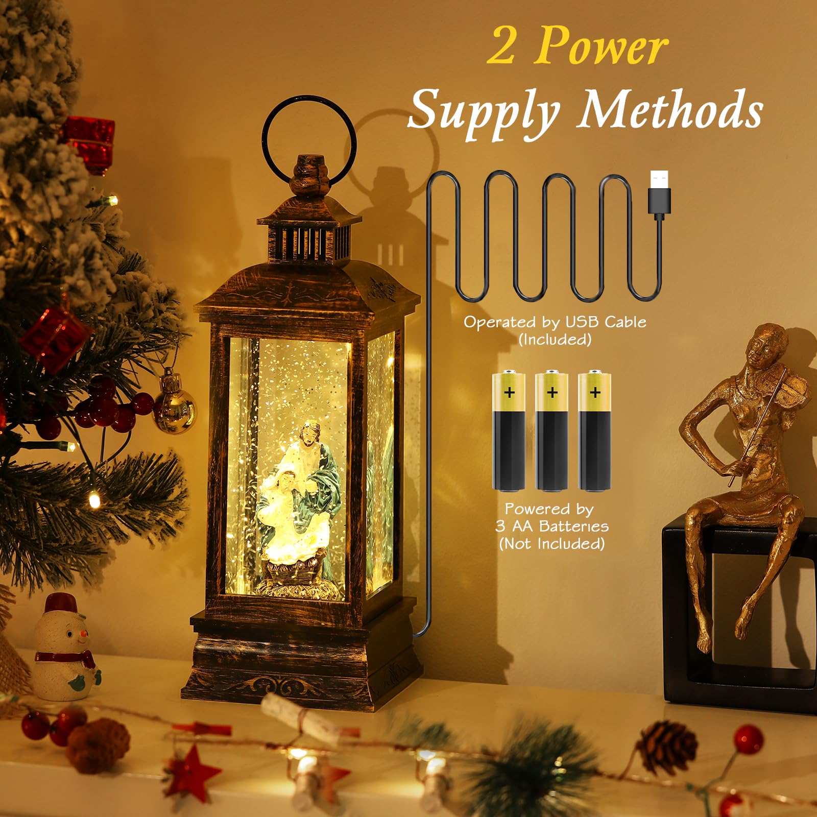 Lewondr Globo di Neve di Natale, Globo di Neve a Forma di Lanterna Illuminato con Neve Decorativa e Presepe di Natale, Globo di Neve Musicale con Timer, Regalo per Ragazze Fidanzate Donne, Oro Nero