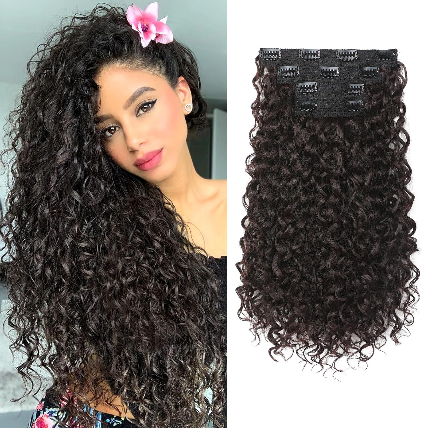 Clip in Hair Extensions, FLUFYMOOZ 4PC 100％ Pure Protein Silk Hair Extensions Long Soft Natural Hairpiece 20 Inch Curly Hair Extension for Women (Dark Chocolate Brown)