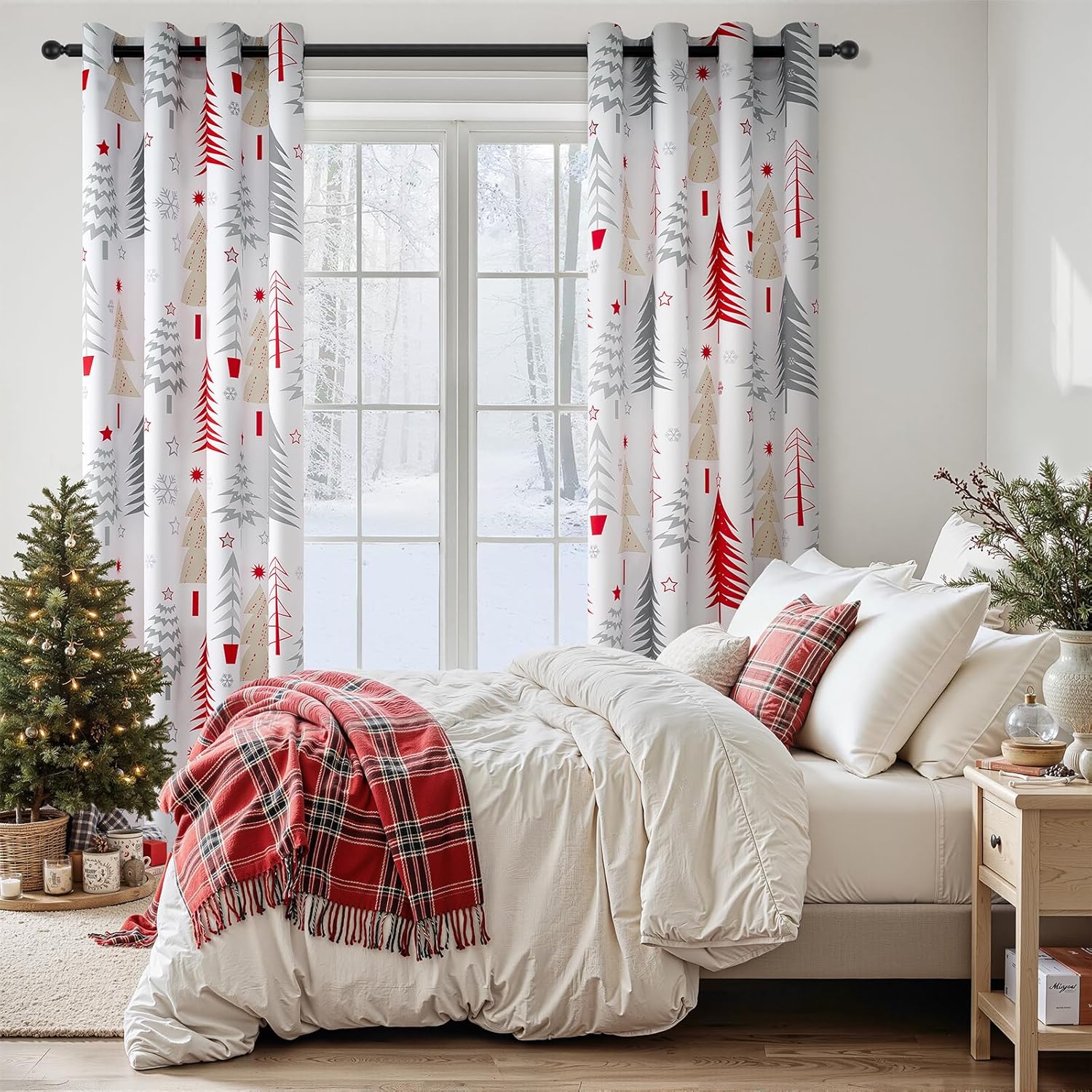 Topfinel 96 Inch Red Christmas Curtains 2 Panels for Bedroom and Living Room,Privacy Heat Blocking Elegant Luxury Floor Length Xmas Grommet Curtains for Living Room (52x96 Inch,Snow,Set of 2)