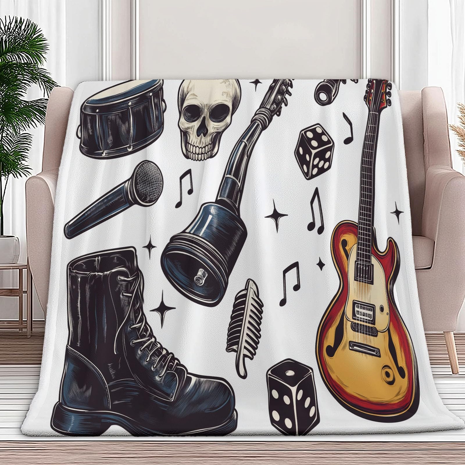 Flanelowy koc Element rockowy Mikrofon gitarowy 150 x 200 cm Koce polarowe z mikrofibry Polar Na wszystkie pory roku Sofa Podróżna Sofa dla dzieci Dorośli, Biały