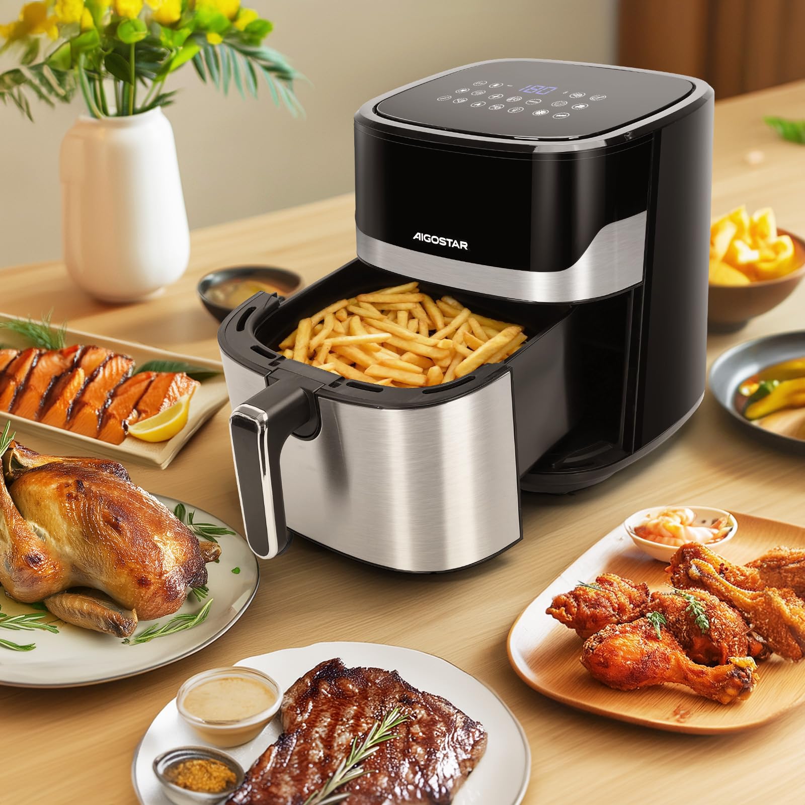 Aigostar XXL Heißluftfritteuse 6,5L mit Sichtfenster, 1600W Airfryer, Touchscreen, 12 Programme + intelligentes Vorheizen, Kompakt Fritteuse ohne Öl, Antihaftbeschichtet, Schwarz